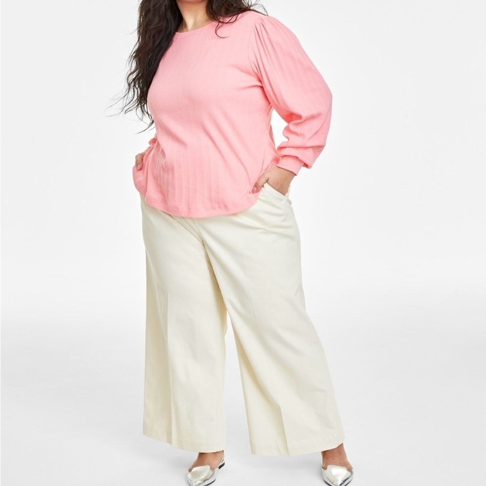 Plus Size Pointelle-Rib Long-Sleeve Top Salmon Rose 2X